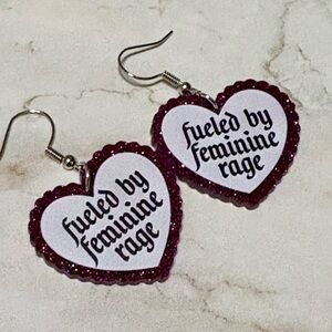 Fueled by Feminine Rage Heart Earrings Glitter Statement Earrings